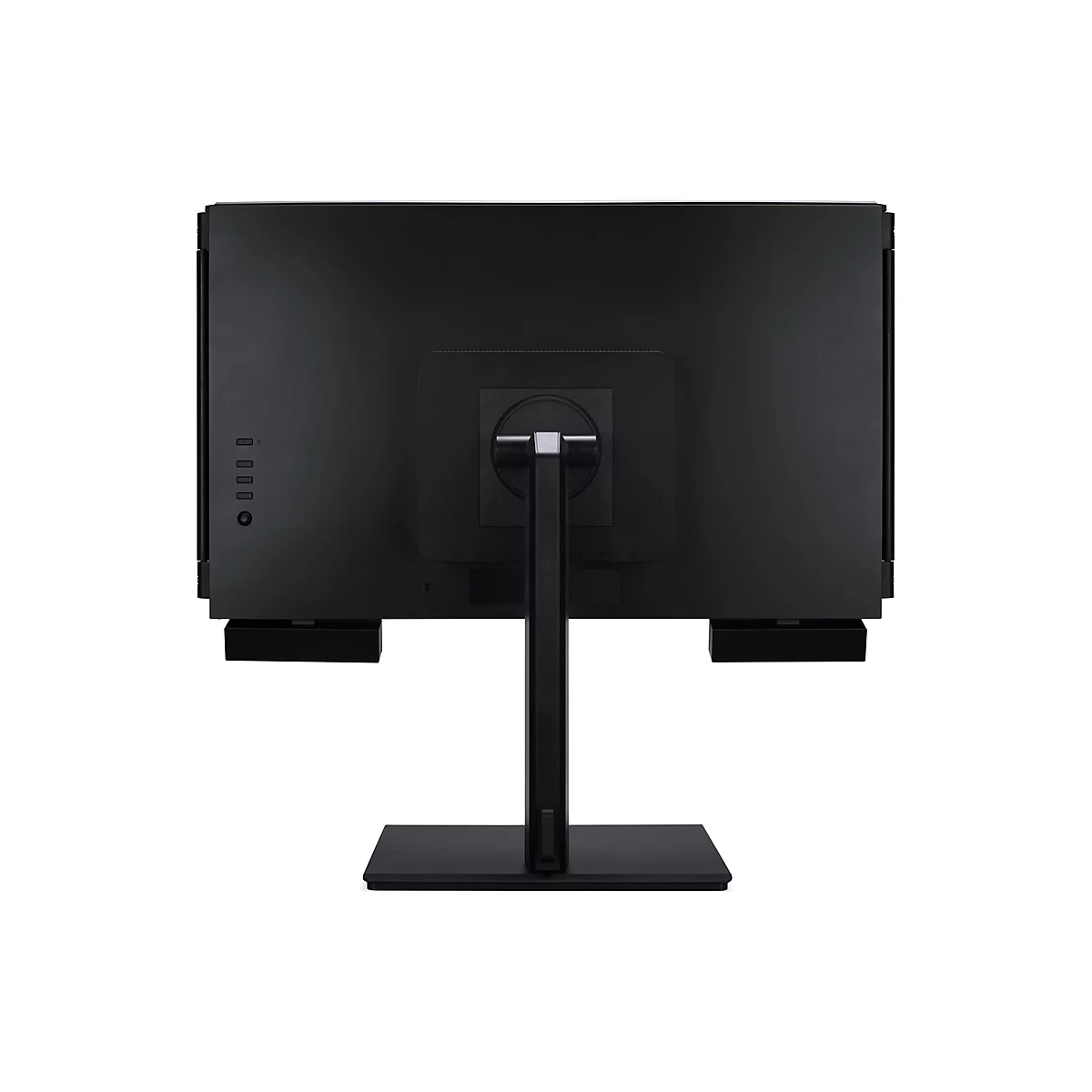 Rückseite eines schwarzen Computer-Monitors mit Standfuß vor weißem Hintergrund.
