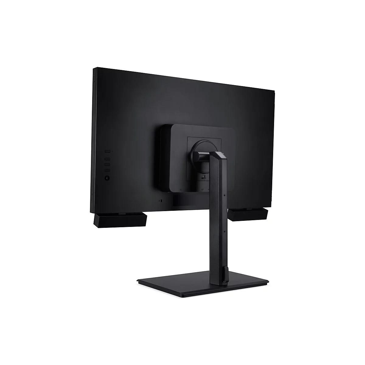 Rückseite eines schwarzen Monitors mit Standfuß vor weißem Hintergrund.