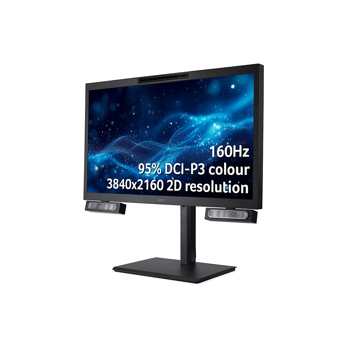 Schwarzer 3D-Monitor auf Standfuß mit blauem abstraktem Hintergrund und technischen Spezifikationen im Display.
