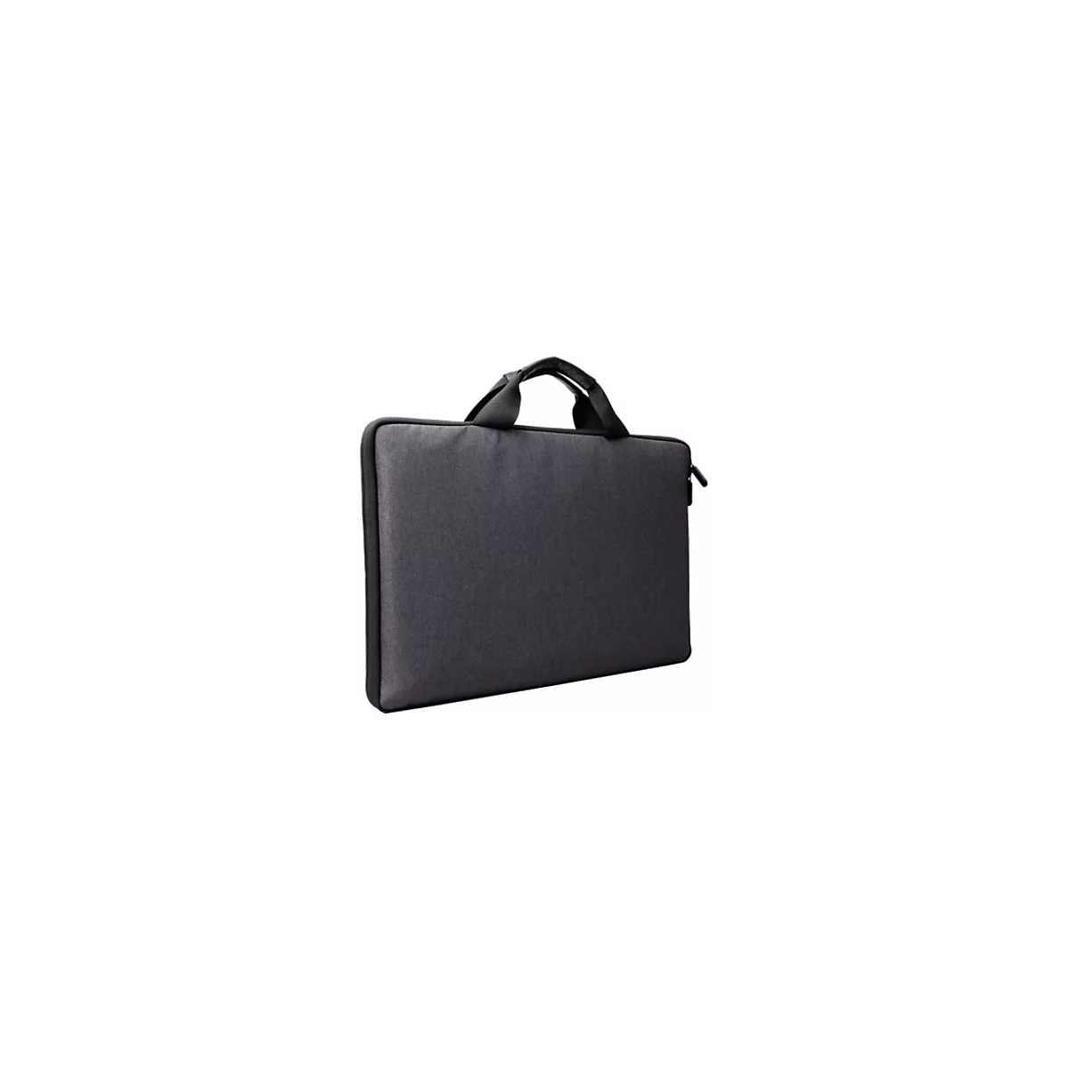 Eine schlichte, dunkelgraue Laptoptasche mit Tragegriffen vor weißem Hintergrund.