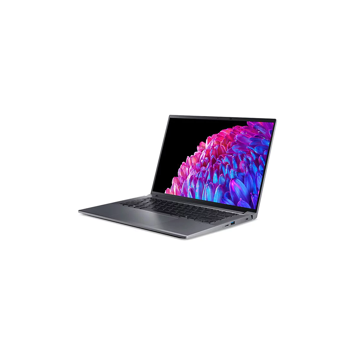 Dunkelgraues Laptop, Display mit farbigem Muster, auf weißem Hintergrund. Die Tastatur ist schwarz.