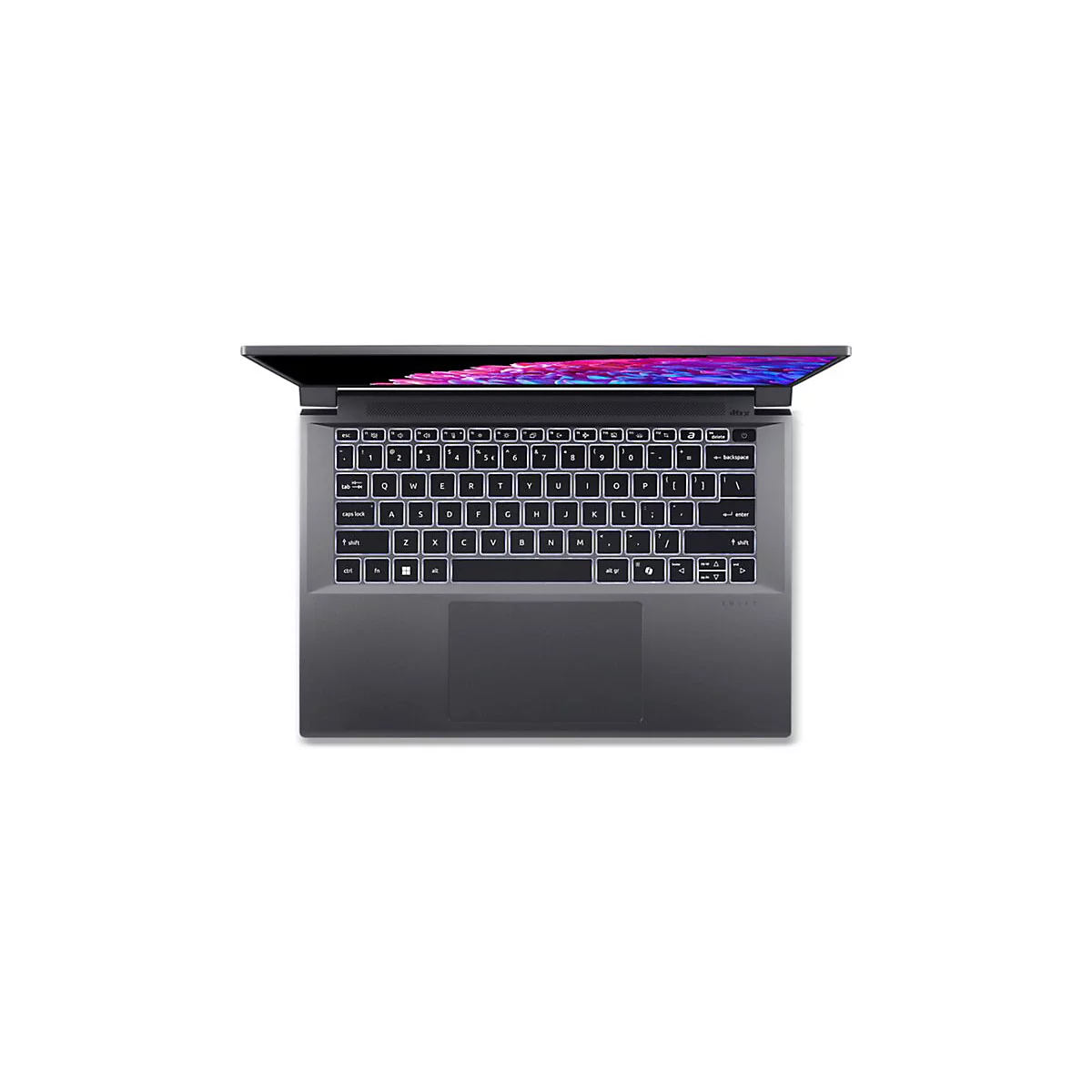 Draufsicht auf einen geöffneten Laptop mit leuchtender Tastatur. Der Bildschirm zeigt ein abstraktes Muster.