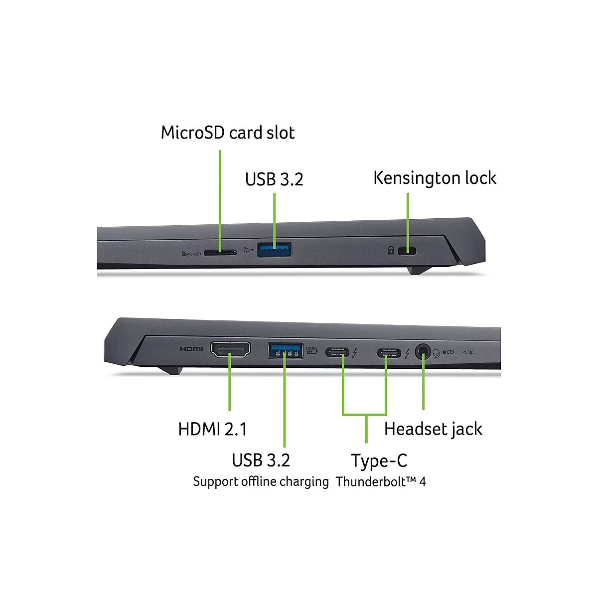 Nahaufnahme der Laptop-Seiten mit beschrifteten Anschlüssen: microSD-Kartensteckplatz, USB 3.2, Kensington-Schloss, HDMI 2.1, USB 3.2, Typ-C, und Kopfhöreranschluss.