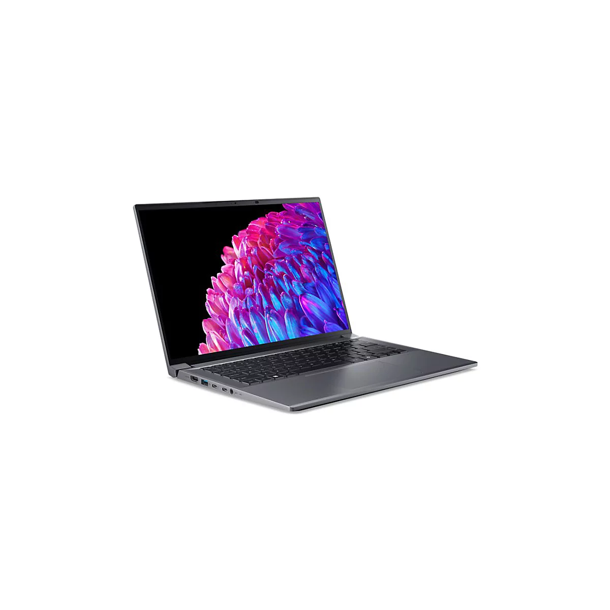 Grauer Laptop, leicht geöffnet. Der Bildschirm zeigt ein farbenfrohes, abstraktes Muster. Auf weißem Hintergrund.