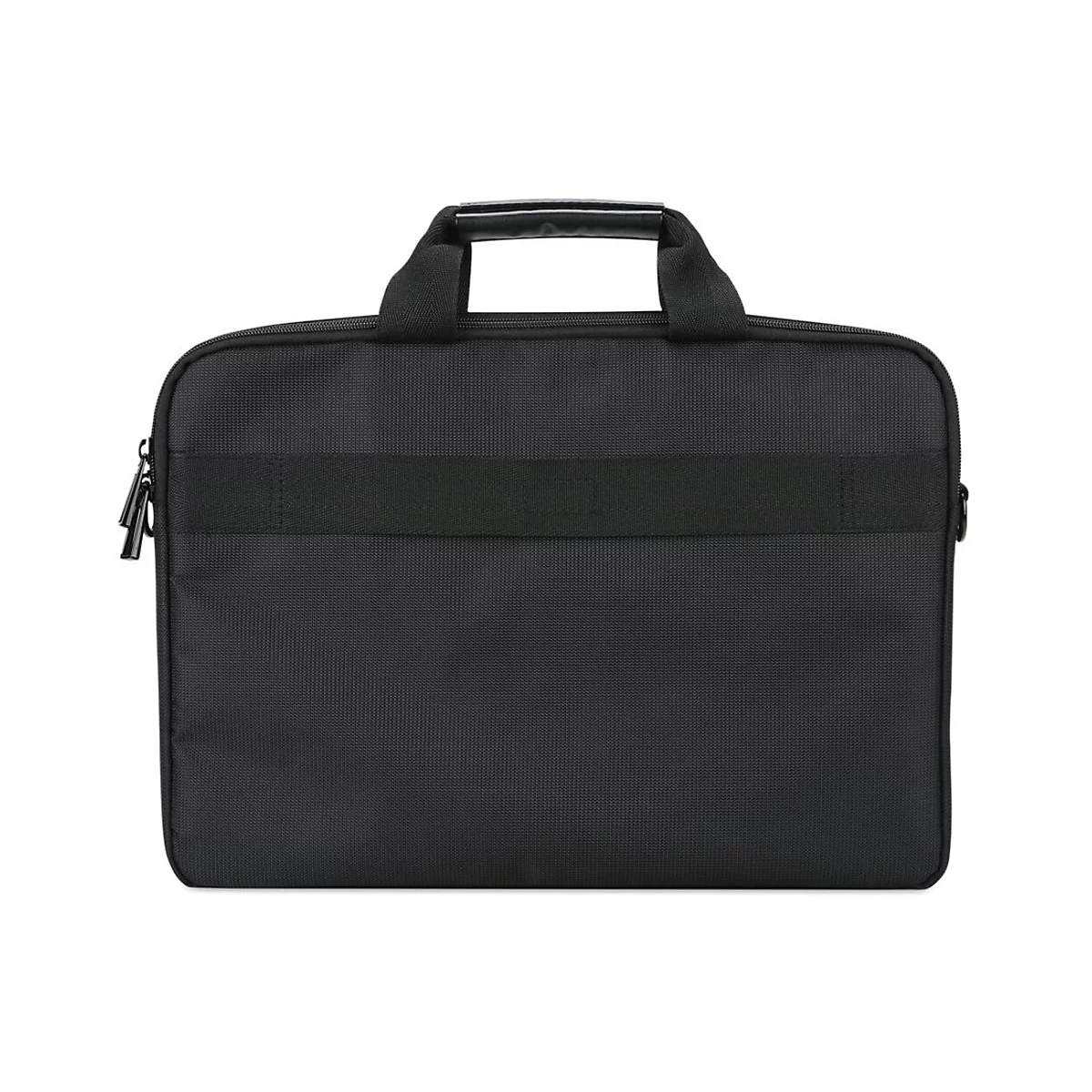 Schwarze Laptoptasche mit Griff und ReiÃŸverschluss, vor weiÃŸem Hintergrund.