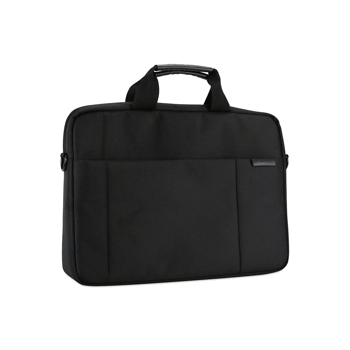 Schwarze Laptoptasche mit Henkel und Schulterriemen. Sie hat eine schlichte, rechteckige Form.