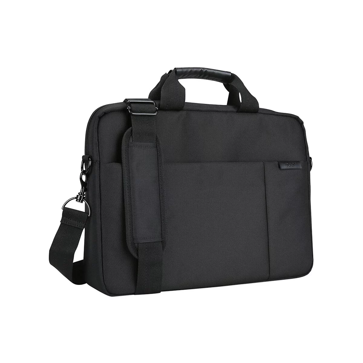 Schwarze Laptoptasche mit Griff, Schultergurt und ReiÃŸverschluss. Auf hellem Hintergrund.