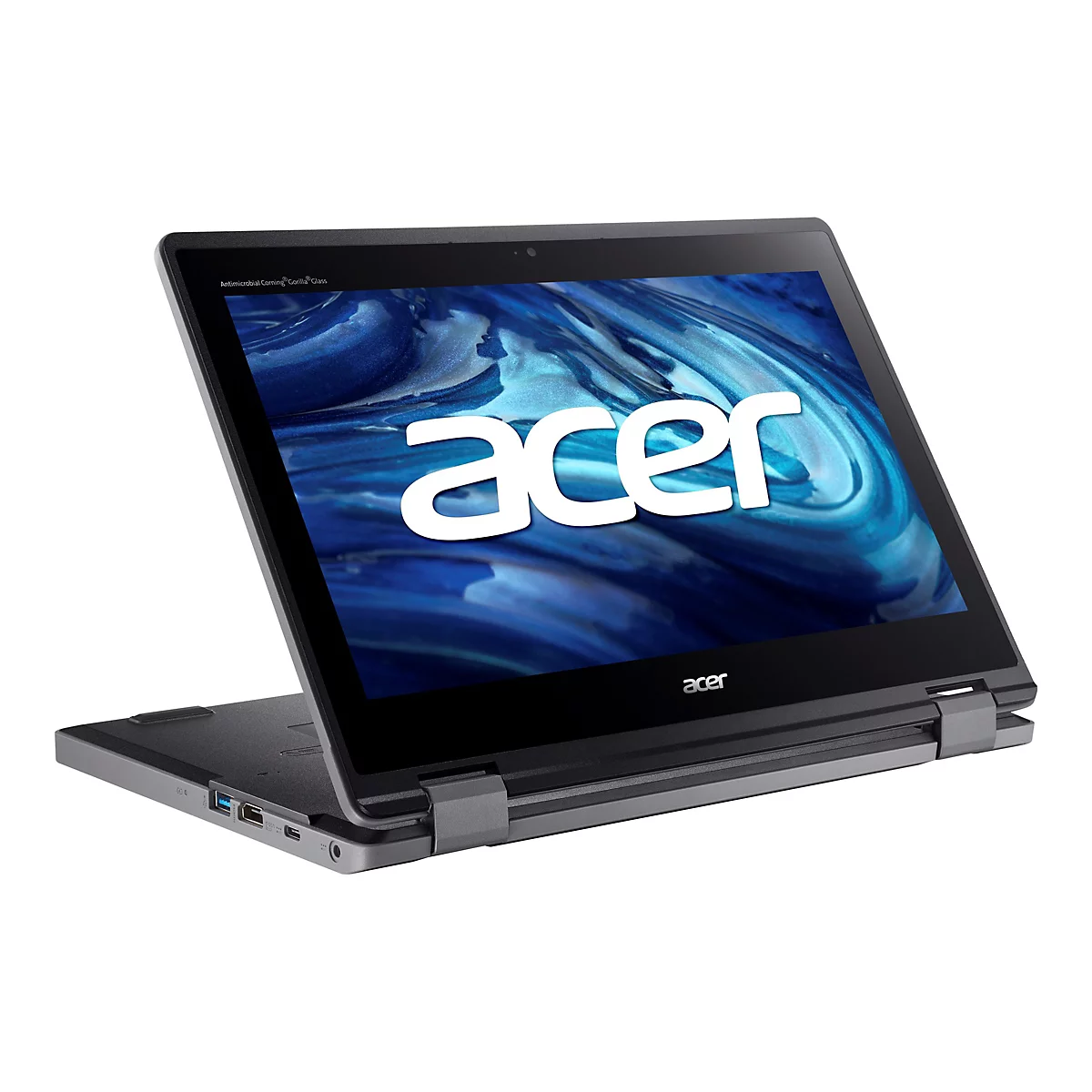 Ein offenes, graues Acer Chromebook-Laptop vor weißem Hintergrund. Bildschirm mit blauem Hintergrund und weißem Acer-Logo.