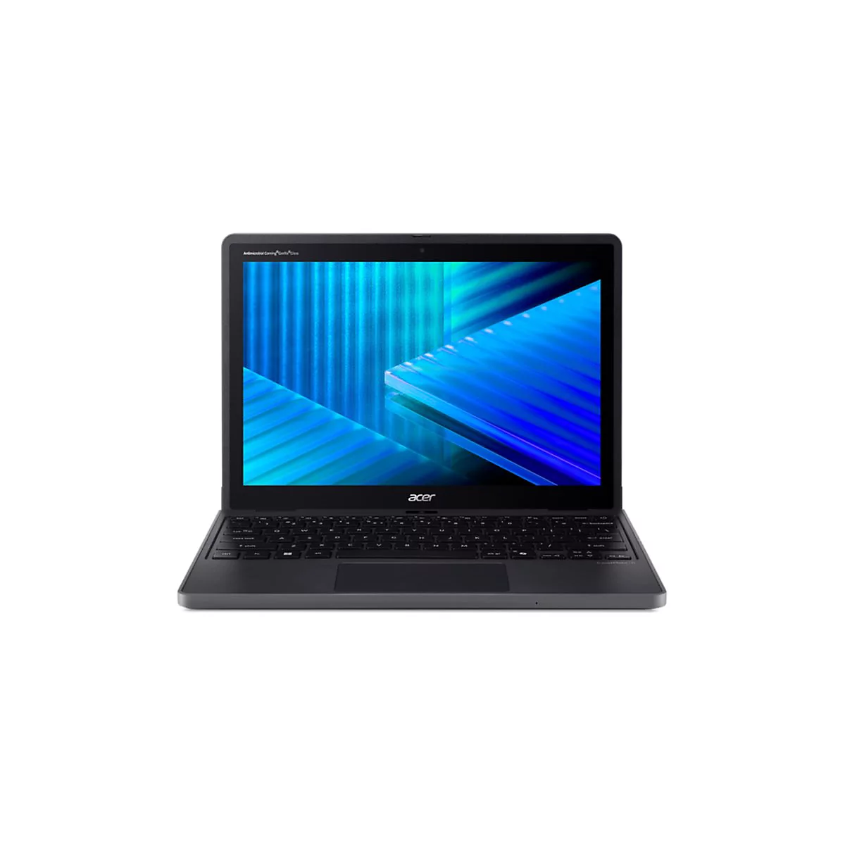 Dunkelgraues Acer Notebook, geöffnet, mit blauem Bildschirmhintergrund.