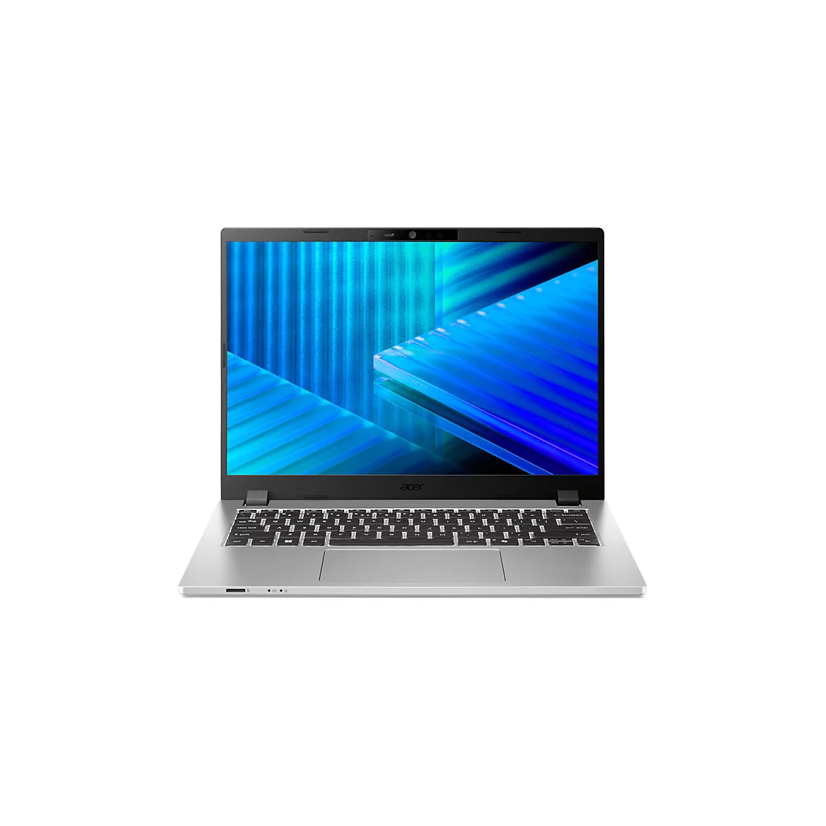 Silberner Laptop mit beleuchteter Tastatur. Auf dem Bildschirm blaue Streifen, Acer Logo unten.