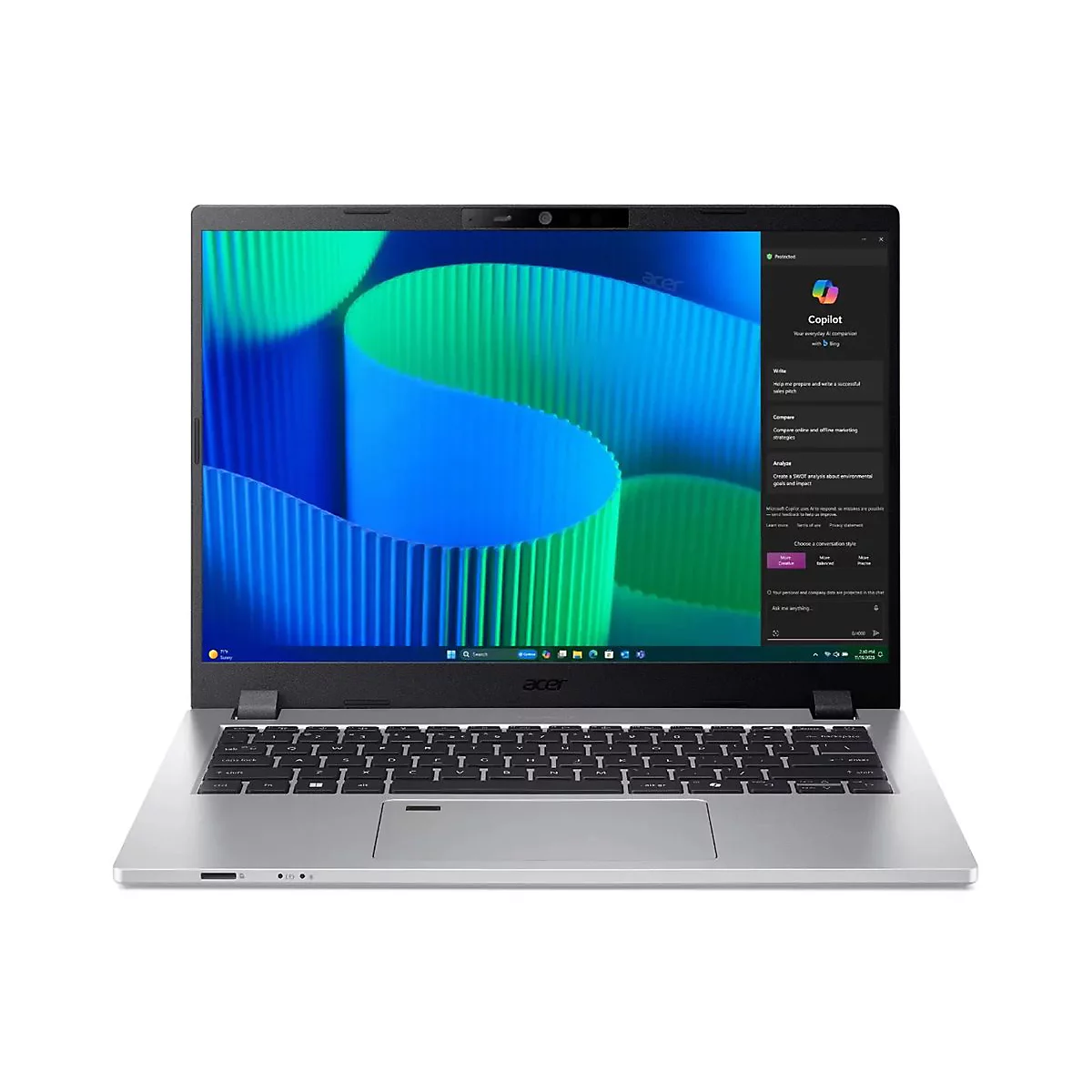 Ein silberner Acer Laptop, geÃ¶ffnet. Auf dem Bildschirm sind blaue und grÃ¼ne Formen zu sehen. Auf der rechten Seite ist eine geÃ¶ffnete App.