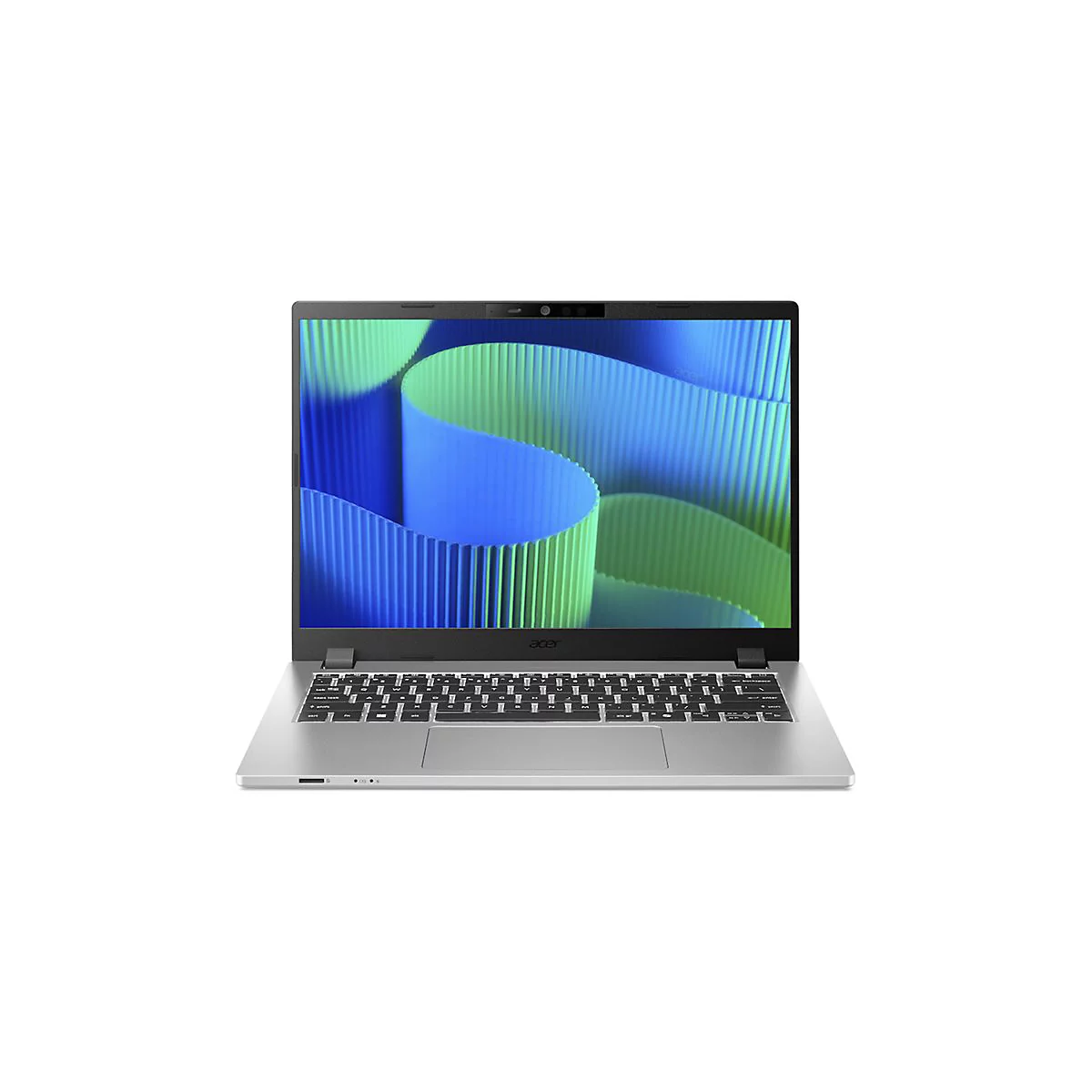 Silberner Laptop, geöffnet. Bildschirm mit abstraktem, blau-grünen Design. Tastatur, Touchpad und Webcam sichtbar.