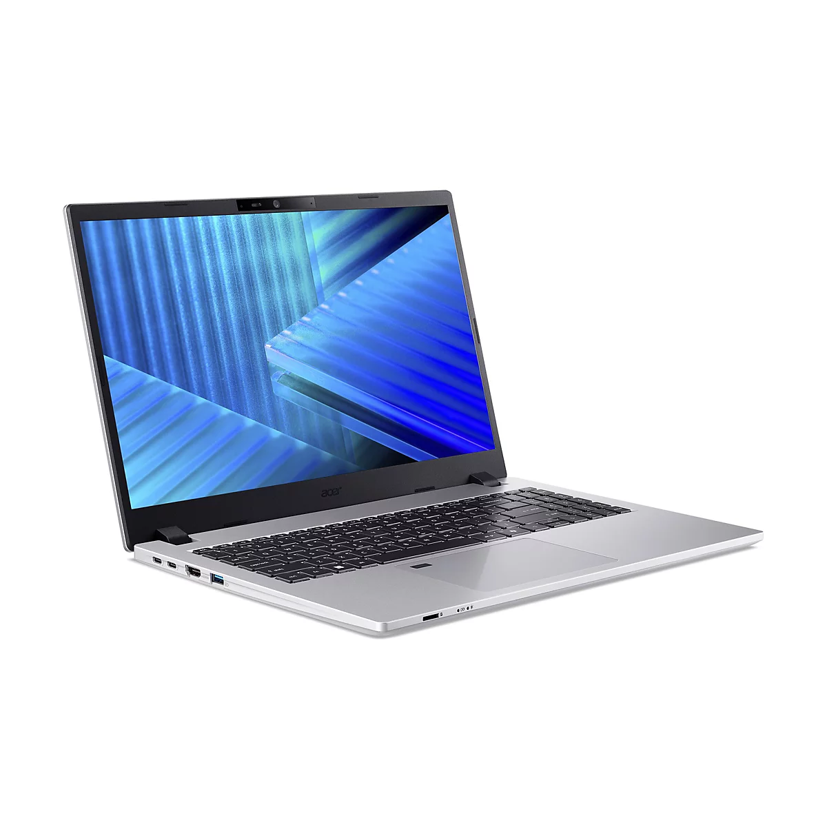 Ein silberner Acer Laptop, leicht angewinkelt, vor weißem Hintergrund. Auf dem Bildschirm wird eine abstrakte, blaue Grafik gezeigt.
