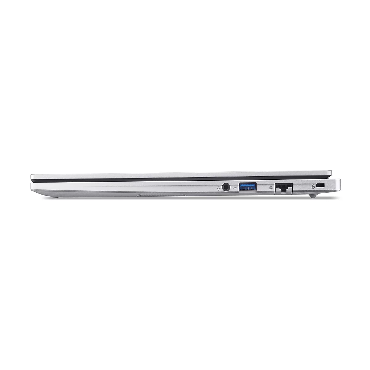 Das geschlossene, silberne Laptop-Profil. Auf der rechten Seite sind Anschlüsse zu sehen, darunter USB, Kopfhörer und Ethernet.