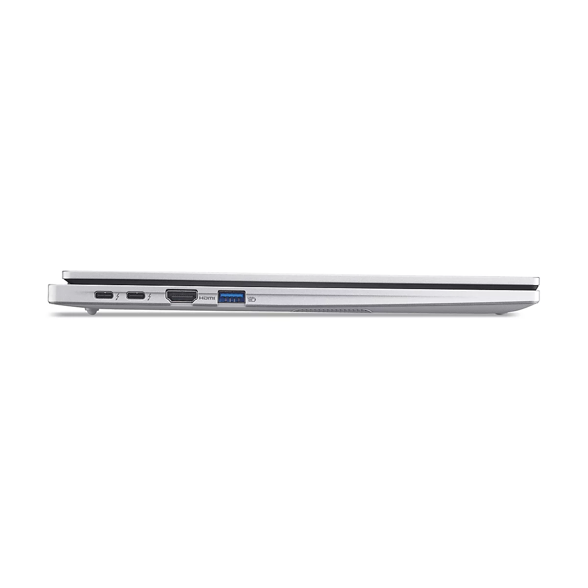 Seitenansicht eines silbernen Laptops, der flach auf einer weißen Oberfläche liegt. Sichtbar sind Anschlüsse für USB, HDMI und Strom.