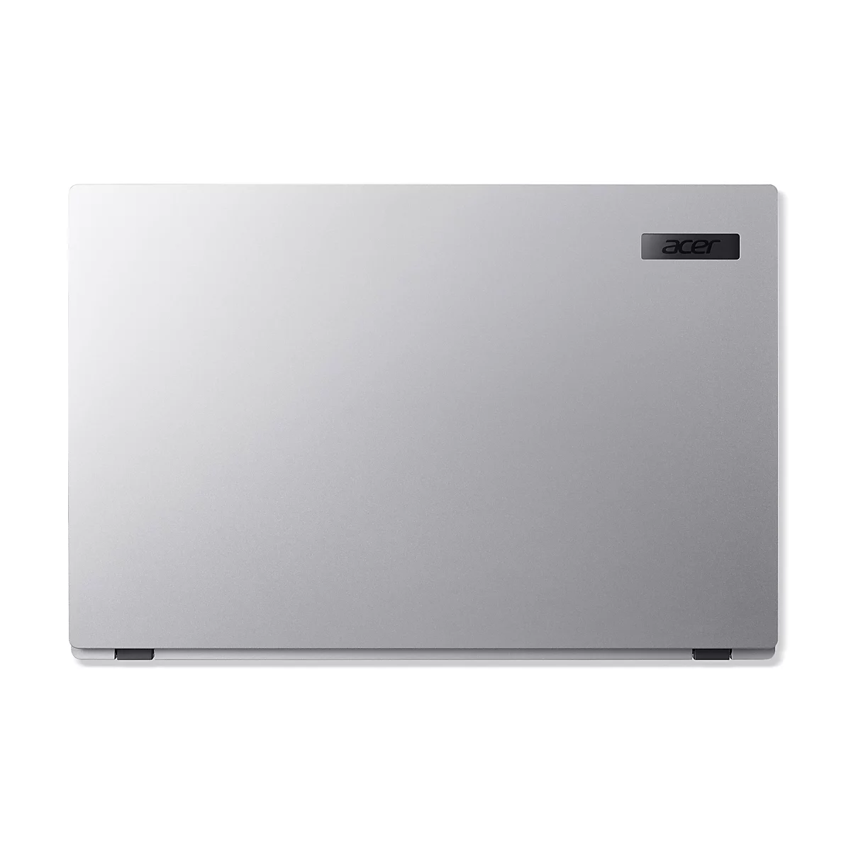 Grauer Laptopdeckel mit Acer-Logo rechts oben. Schwarze Füße unten.