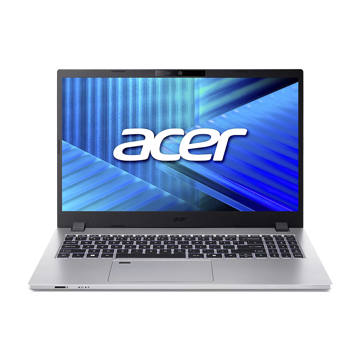 Ein silberner Acer Laptop. Das Display zeigt blaues, abstraktes Muster mit dem Schriftzug "acer". Unter dem Display ist die Tastatur mit Hintergrundbeleuchtung zu sehen.