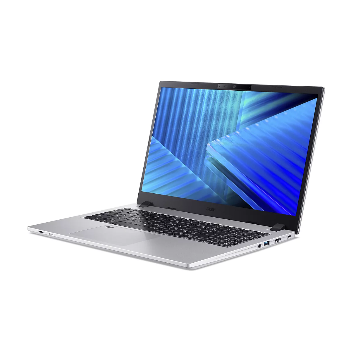 Ein silberner Laptop, leicht angewinkelt, vor weißem Hintergrund. Der Bildschirm zeigt blaues, abstraktes Design. Das Acer Logo ist sichtbar.