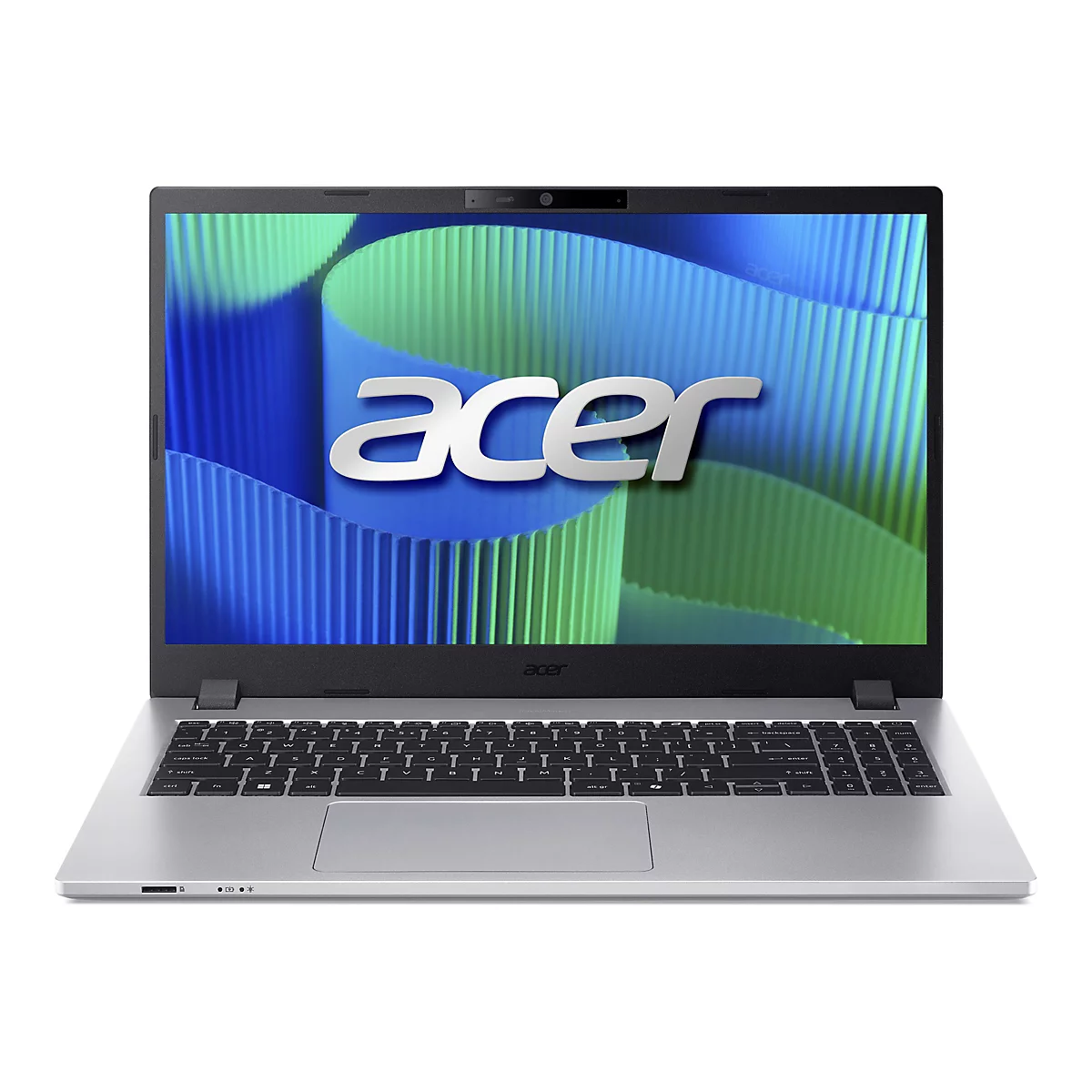Ein silberner Acer Laptop, geöffnet. Auf dem Bildschirm das Acer Logo mit blaugrünem Hintergrund. Tastatur und Touchpad sind deutlich sichtbar.