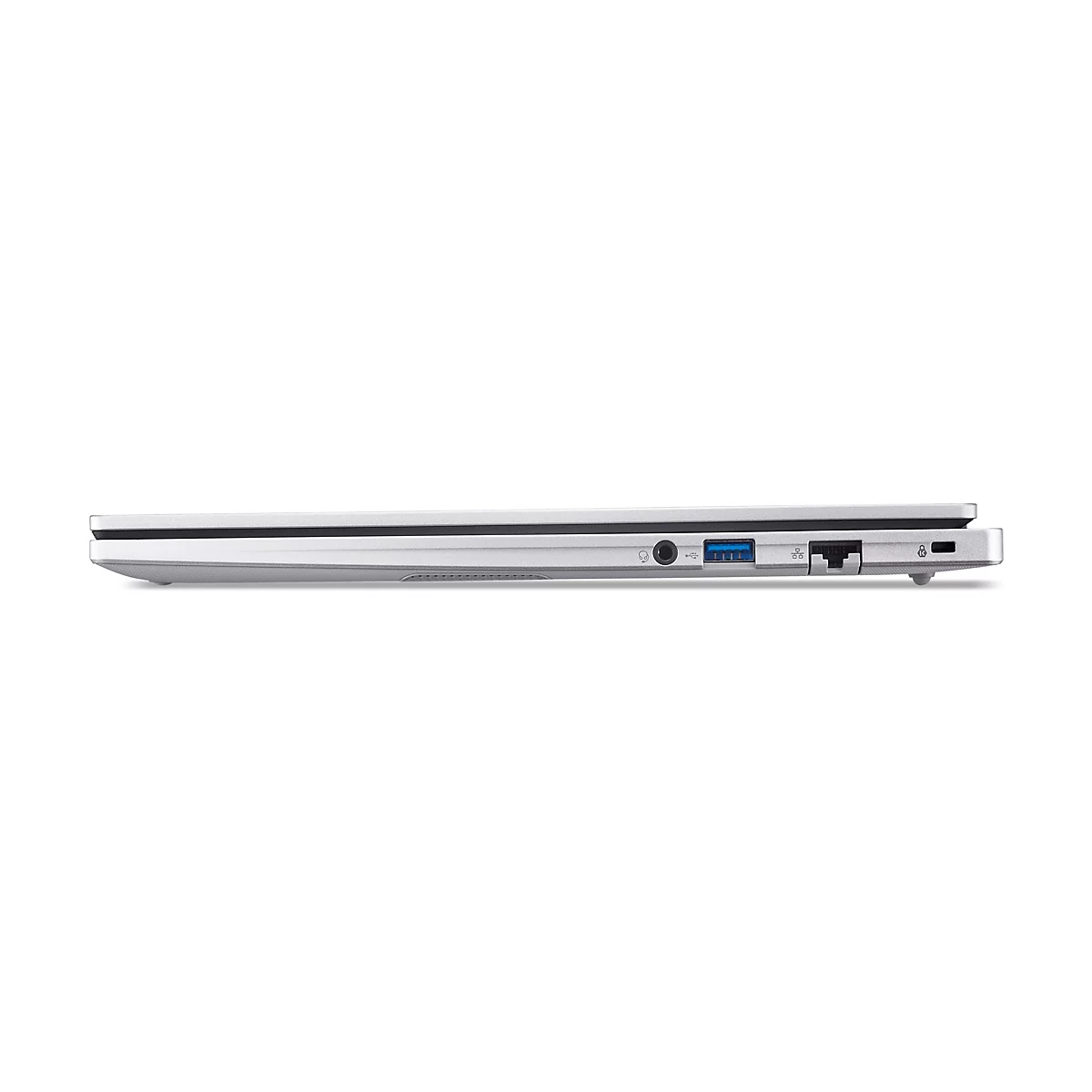 Seitenansicht eines silbernen Laptops auf weißem Hintergrund. Verschiedene Anschlüsse sind zu sehen.