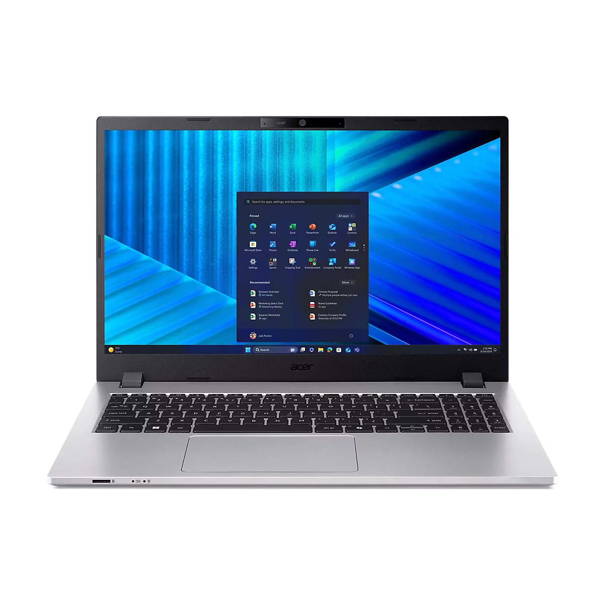 Silberner Acer TravelMate Laptop in Frontalansicht mit geöffnetem Display und Windows 11 Startmenü.