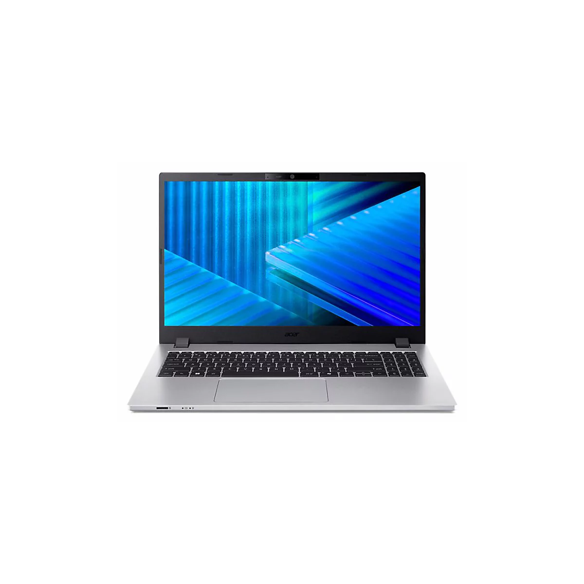 Silberner Laptop mit schwarzem Rahmen. Der Bildschirm zeigt ein blaues Muster, darunter eine Tastatur. Das Acer-Logo ist sichtbar.