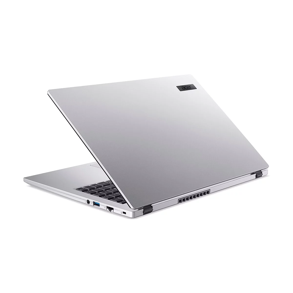 Silberner Acer Laptop, halb geöffnet auf weißem Hintergrund.