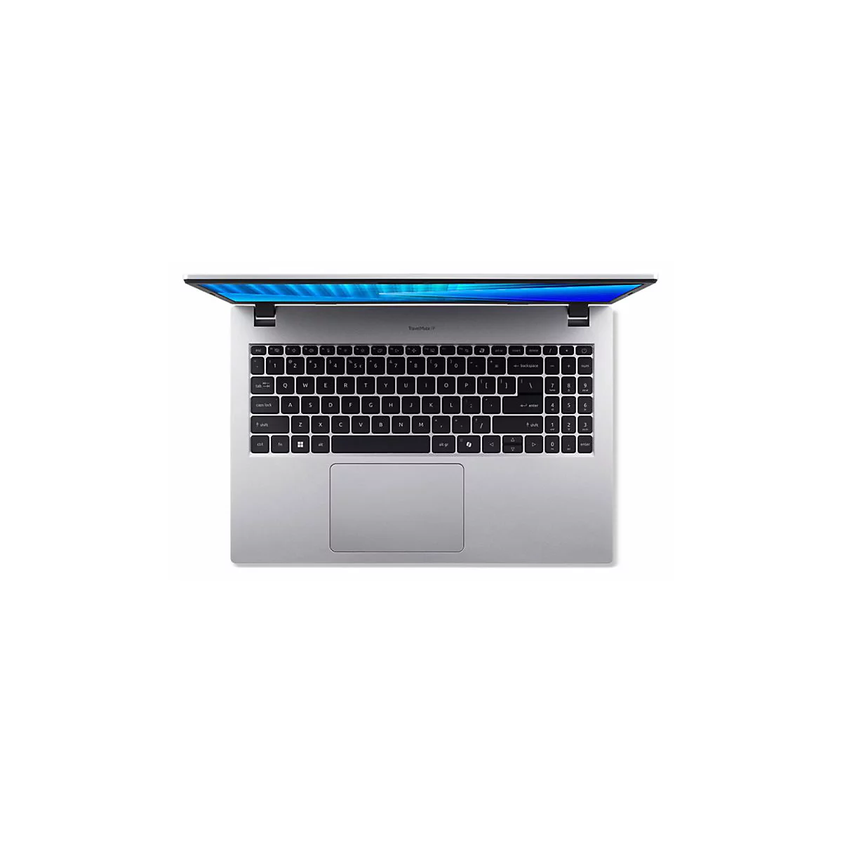 Draufsicht auf ein geöffnetes silbernes Laptop mit schwarzer Tastatur und hellem Bildschirm.