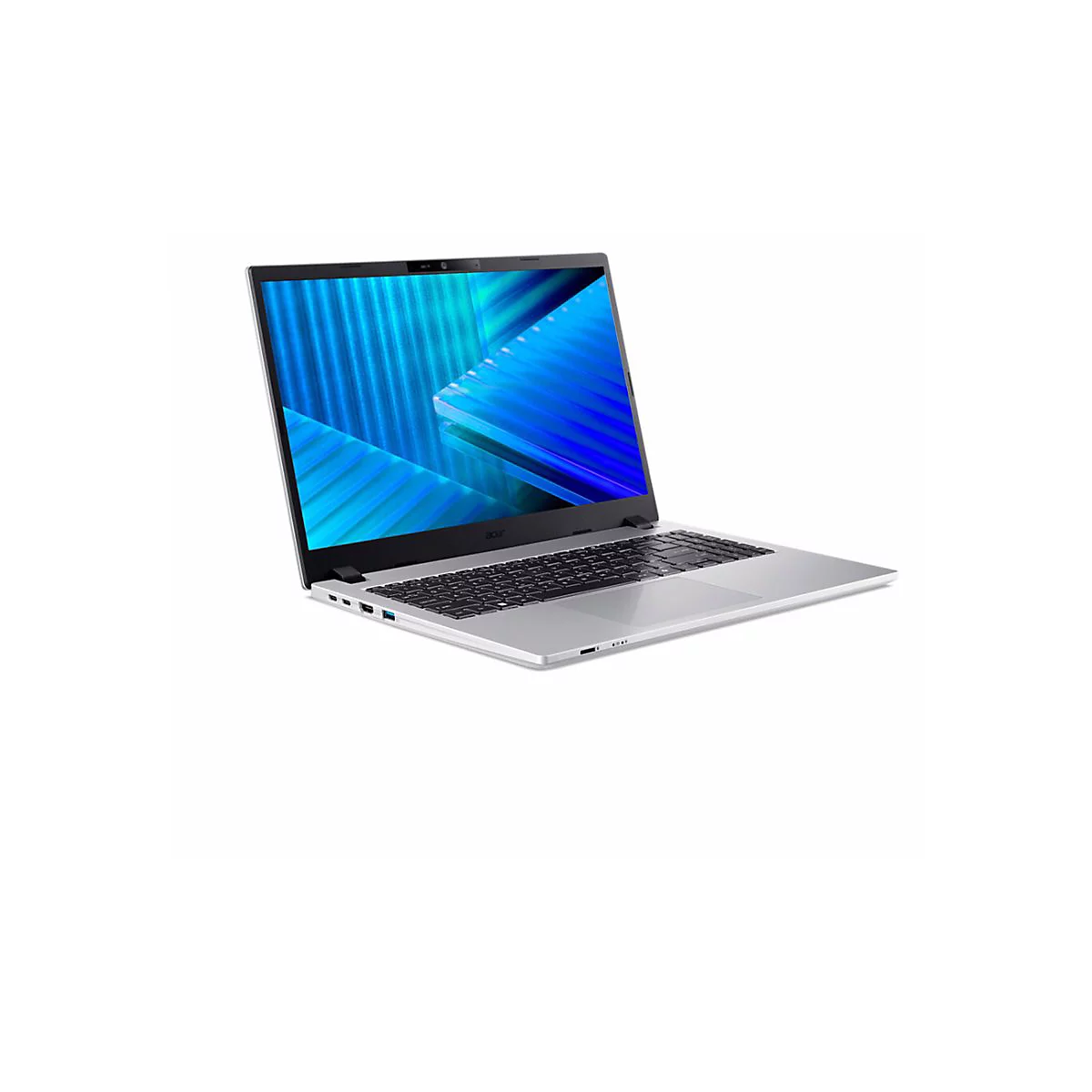 Silberner Laptop mit geöffnetem Bildschirm auf weißem Hintergrund. Bildschirm zeigt blaue abstrakte Grafik.