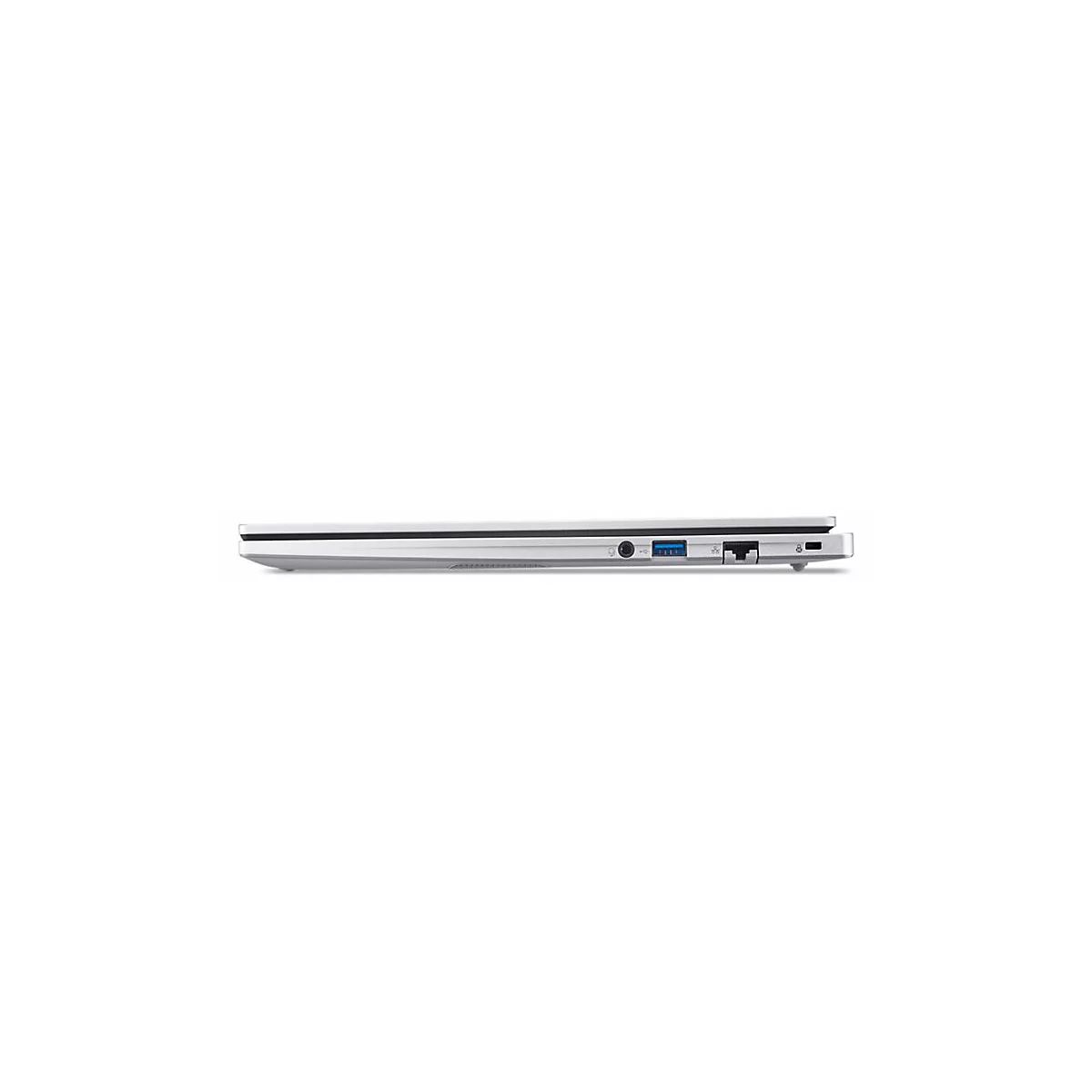 Silberner Laptop, Seitenansicht. Links: Anschluss, rechts: USB-, Ethernet- und Audioanschlüsse.