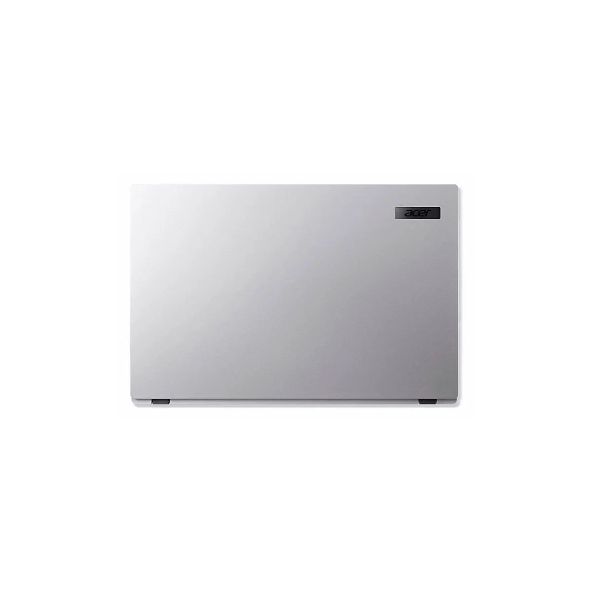Ein silberfarbener Laptop, die Oberseite ist zu sehen, mit dem Acer-Logo. Zwei kleine schwarze Füße an der Unterseite.