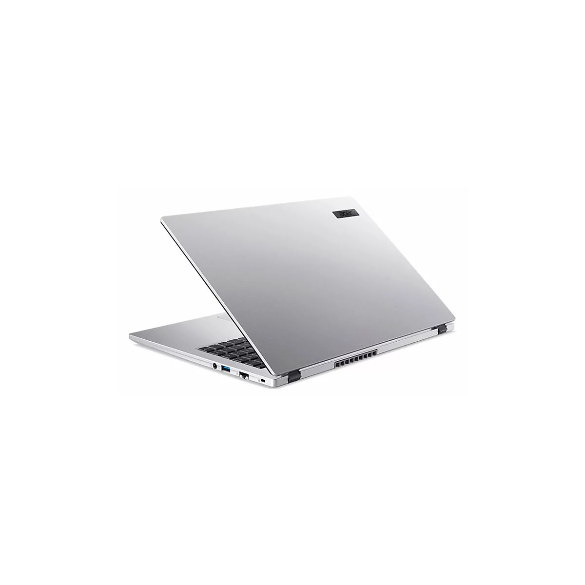 Grauer Laptop mit offenem Deckel, Acer-Logo. Blickwinkel von oben.