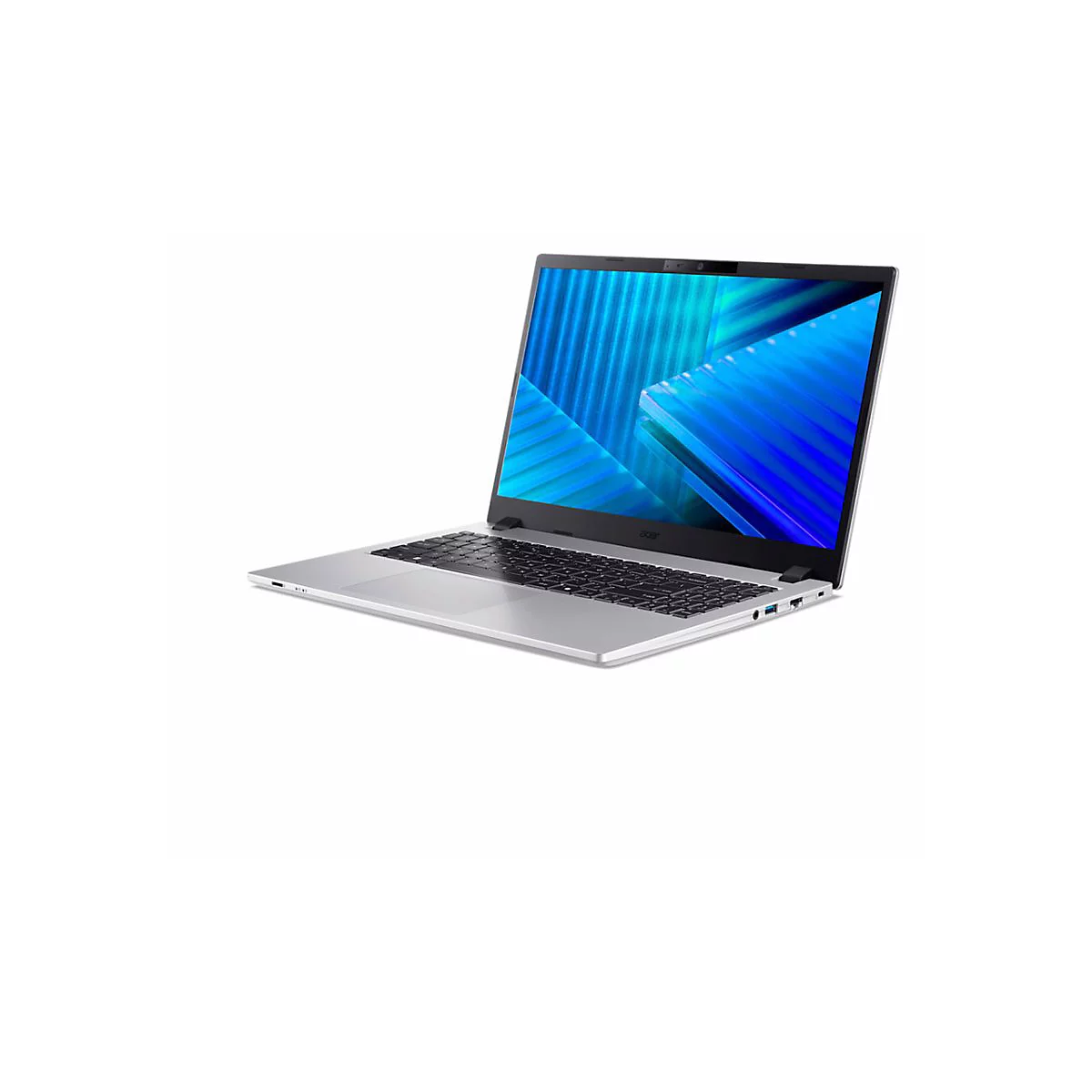 Ein silberner Laptop auf weißem Hintergrund. Der Bildschirm zeigt blaue geometrische Formen.