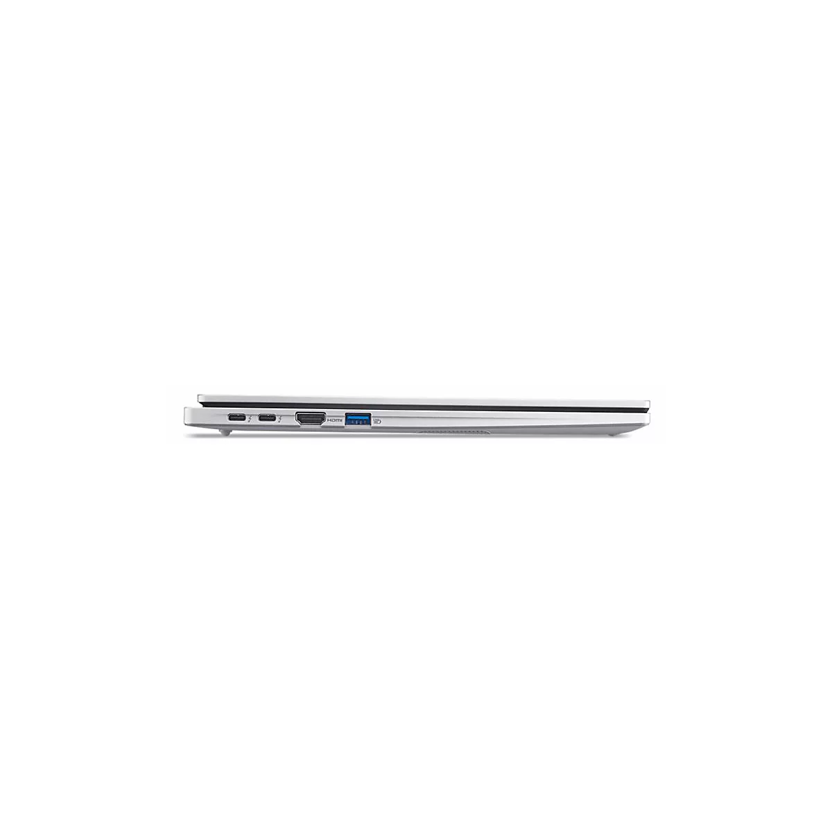 Silberner Laptop, Seitenansicht: Anschlüsse für USB, HDMI, Strom und SD-Karte sind erkennbar.