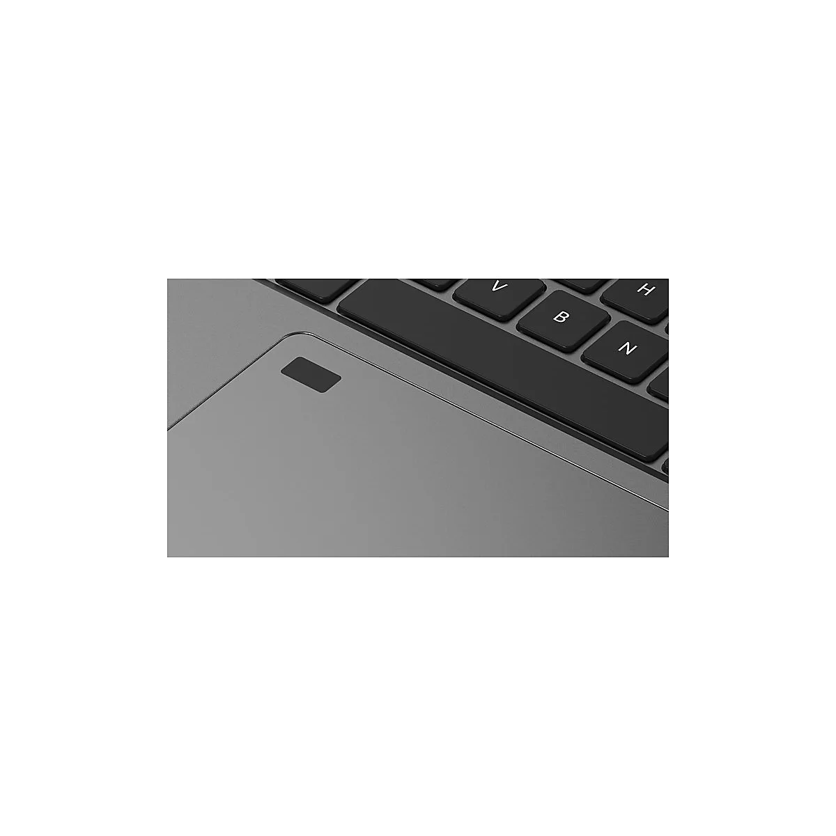 Nahaufnahme eines grauen Laptops. Der Fokus liegt auf dem Touchpad und der Tastatur. Das Touchpad hat ein schwarzes Rechteck. Die Tastatur hat schwarze Tasten.