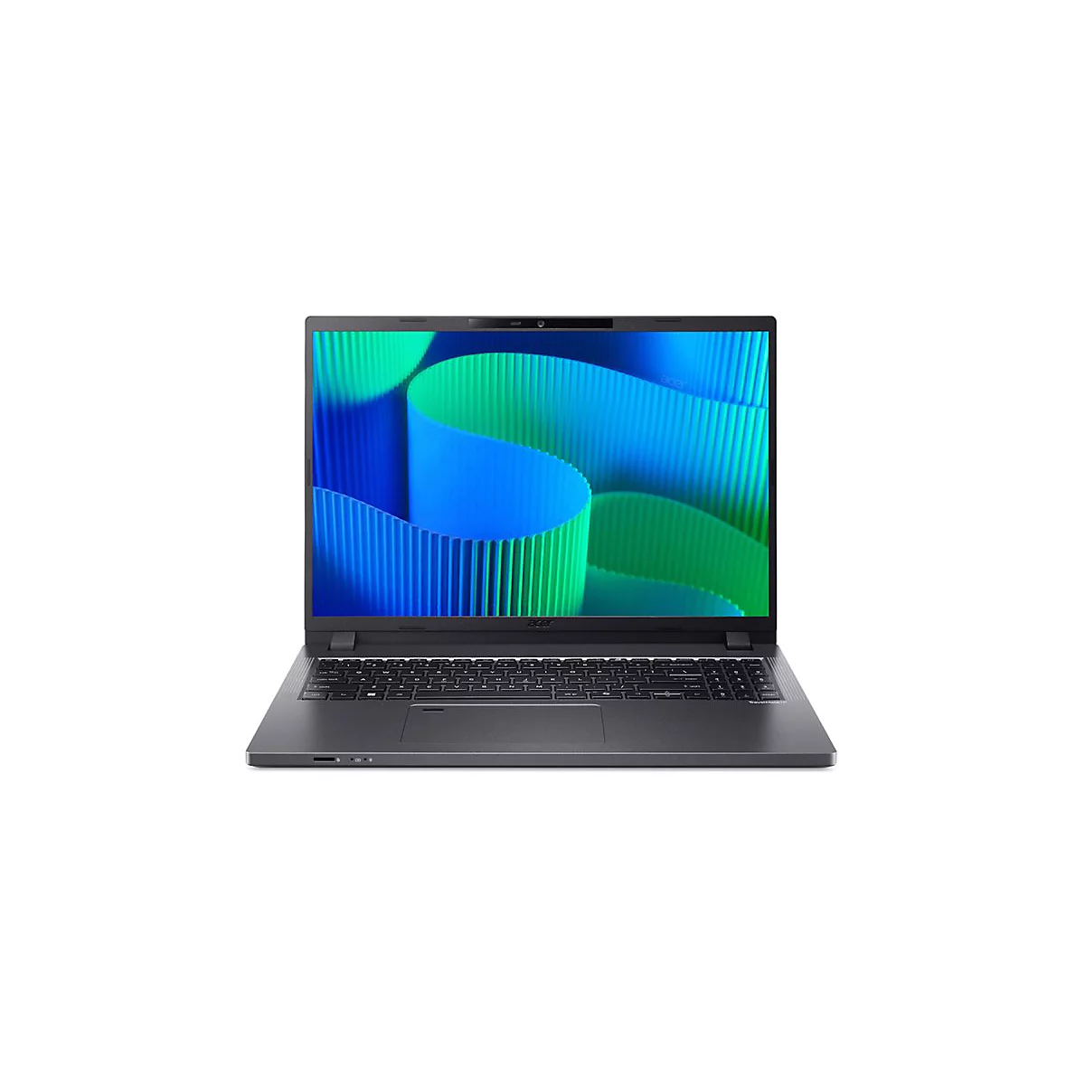 Dunkelgraues Acer Laptop mit geöffnetem Display. Auf dem Bildschirm sind blaue und grüne Wellen zu sehen.