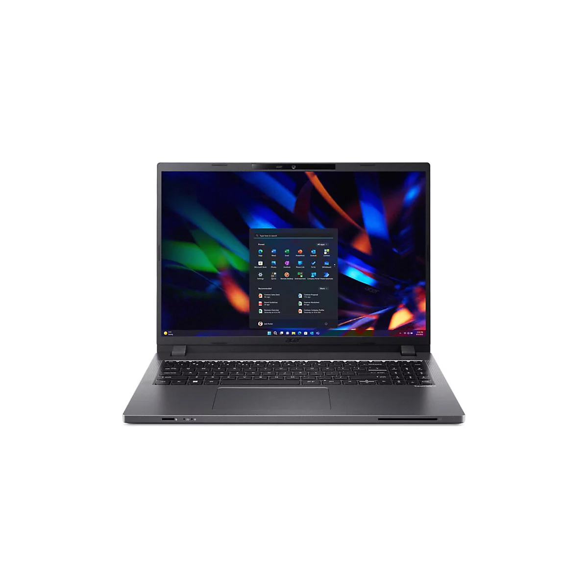 Dunkelgraues Acer Laptop mit geöffnetem Bildschirm. Auf dem Display ist ein Menü mit App-Symbolen zu sehen.