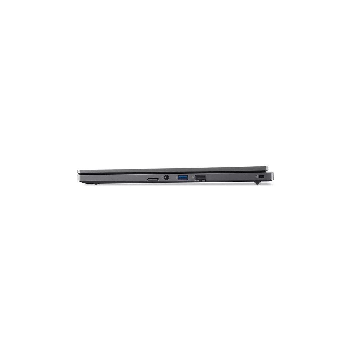 Grauer Laptop, seitlich betrachtet. Deutlich sichtbar sind AnschlÃ¼sse: USB, KopfhÃ¶rer, Ladeanschluss.