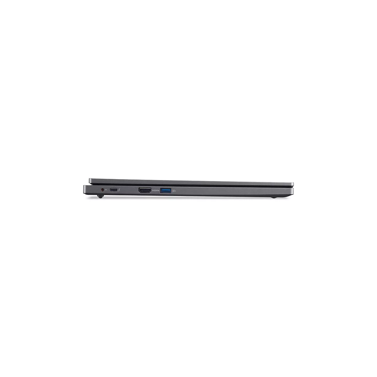 Grauer Laptop-Seitenansicht mit AnschlÃ¼ssen wie HDMI, USB und Ladeanschluss.