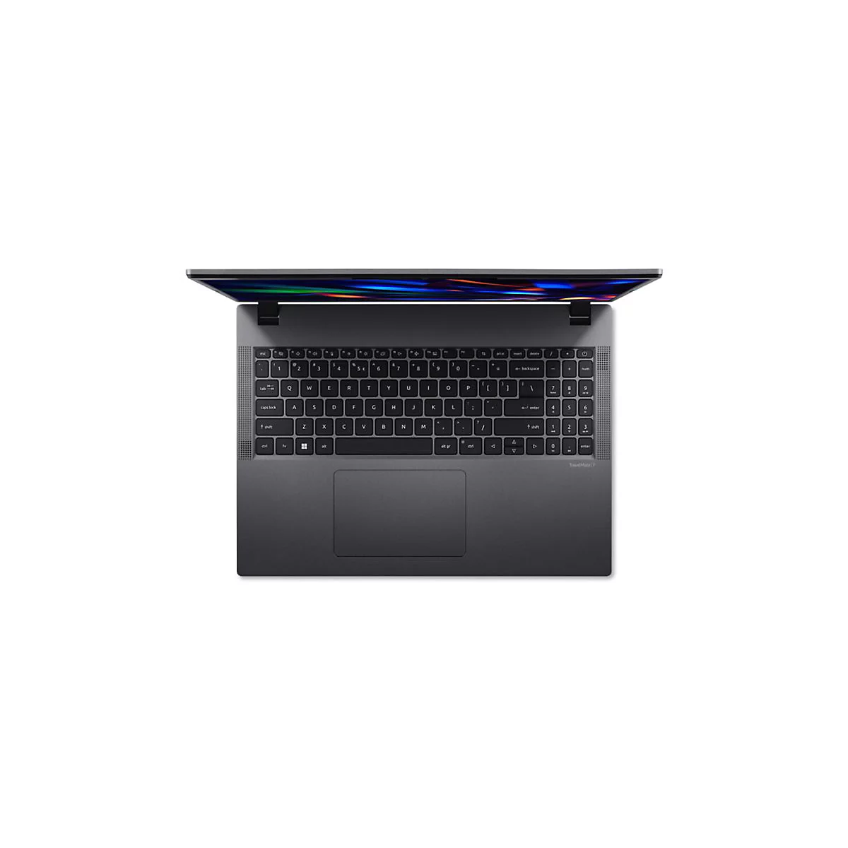 Draufsicht auf einen geÃ¶ffneten, grauen Laptop. Tastatur, Touchpad und Bildschirm sind sichtbar.