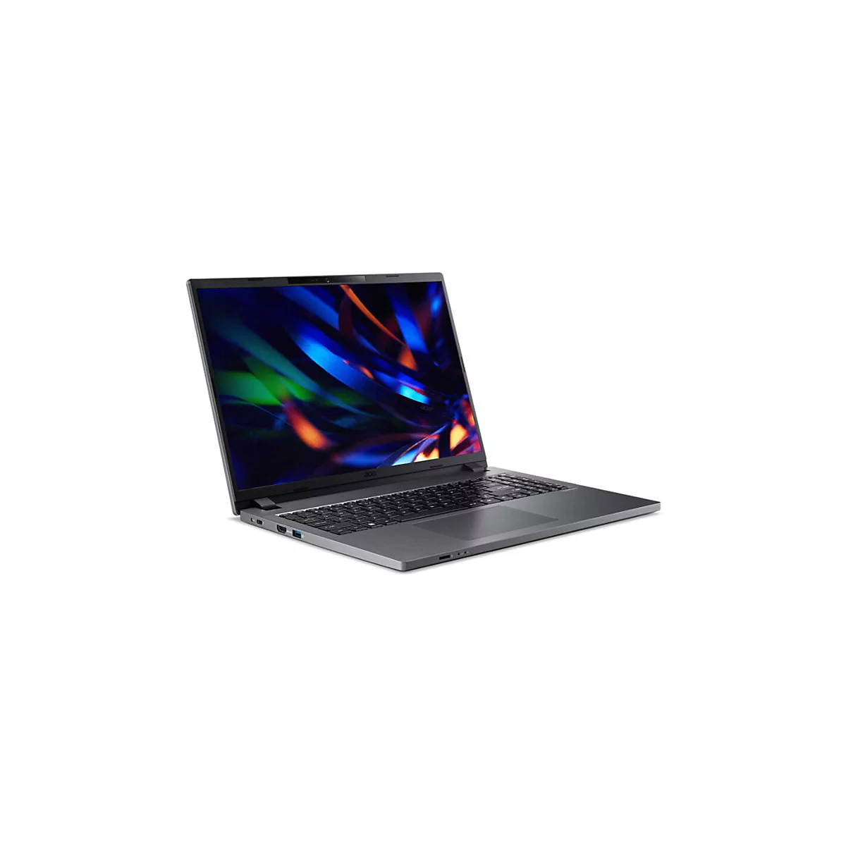 Grauer Laptop, halb geÃ¶ffnet, mit bunten Hintergrund. Die Tastatur liegt frei.