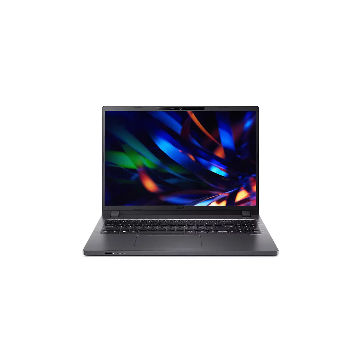 Ein grauer Laptop auf weiÃŸem Hintergrund. Der Bildschirm zeigt ein blau-gelbes, abstraktes Muster. Tastatur, Trackpad und Webcam sind zu sehen.