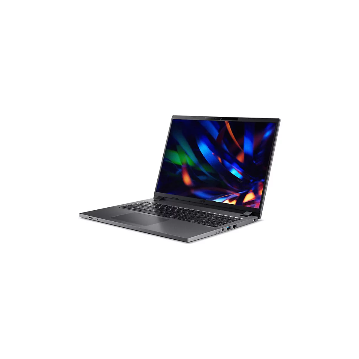 Dunkelgrauer Laptop mit geÃ¶ffnetem Bildschirm, der ein abstraktes, farbenfrohes Bild zeigt. Tastatur und GehÃ¤use sind ebenfalls grau.