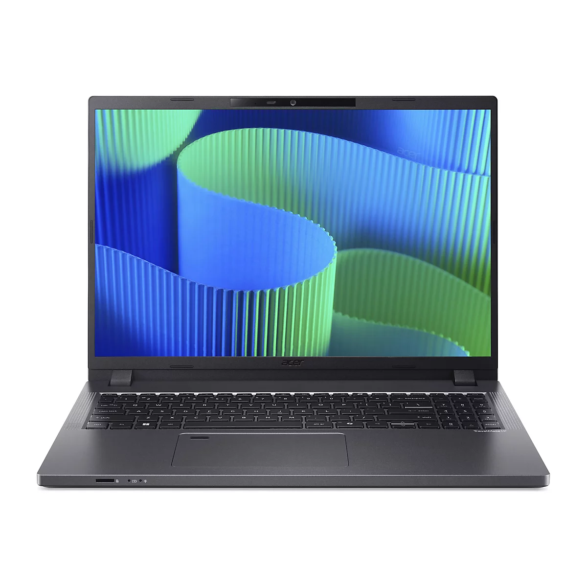 Dunkelgraues Acer TravelMate P Laptop, Display mit blau-grünen Wellenmuster, Tastatur, Webcam.