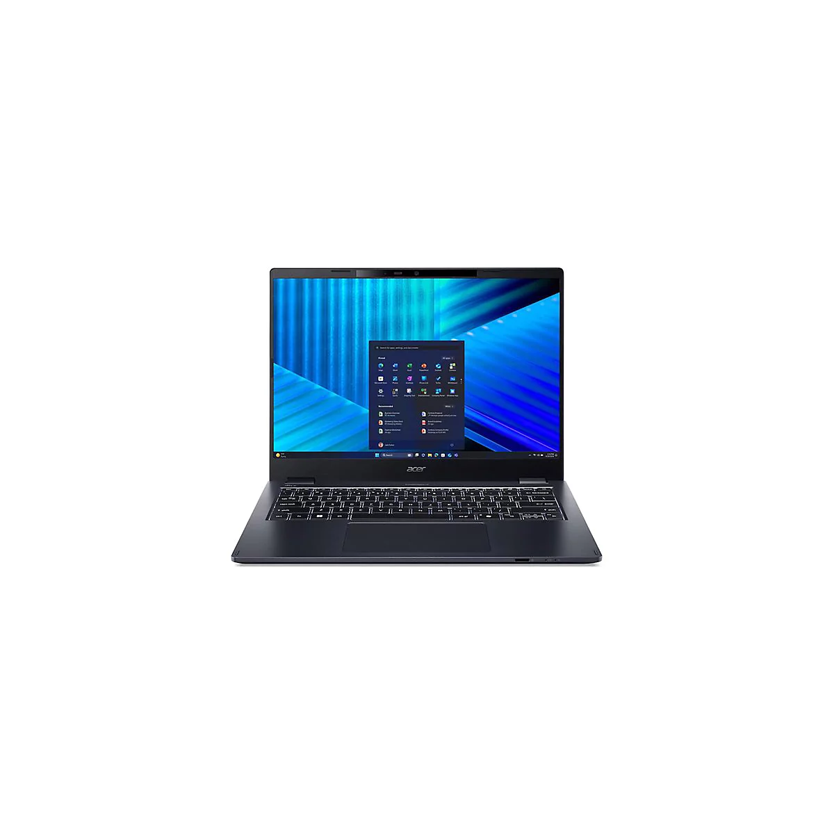 Dunkelgraues Acer Laptop mit geöffnetem Display, das Windows 2022 mit App-Symbolen zeigt. Das Notebook steht auf weißem Grund.