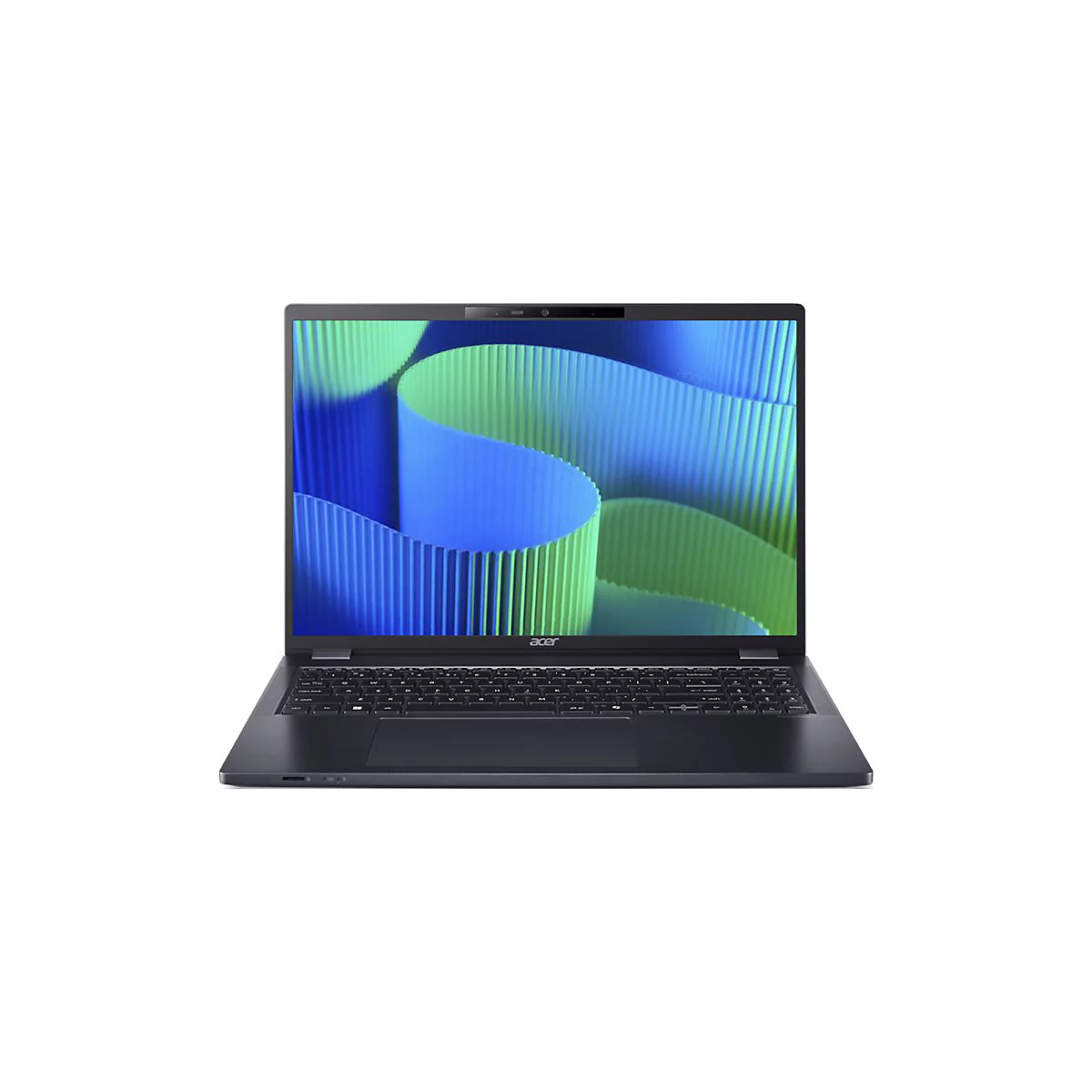 Dunkelgrauer Laptop, Ansicht von vorn, geöffnet. Der Bildschirm zeigt ein abstraktes blau-grünes Design. Auf der Tastatur steht das Logo "acer".