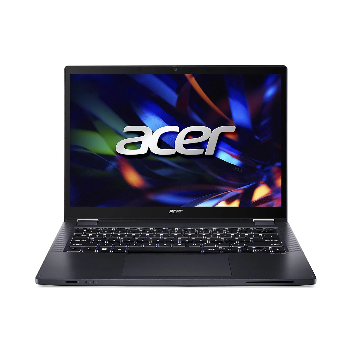 Ein dunkler Acer Laptop mit leuchtender Tastatur, geöffnet vor weißem Hintergrund. Auf dem Display ist groß das Wort "acer" abgebildet.