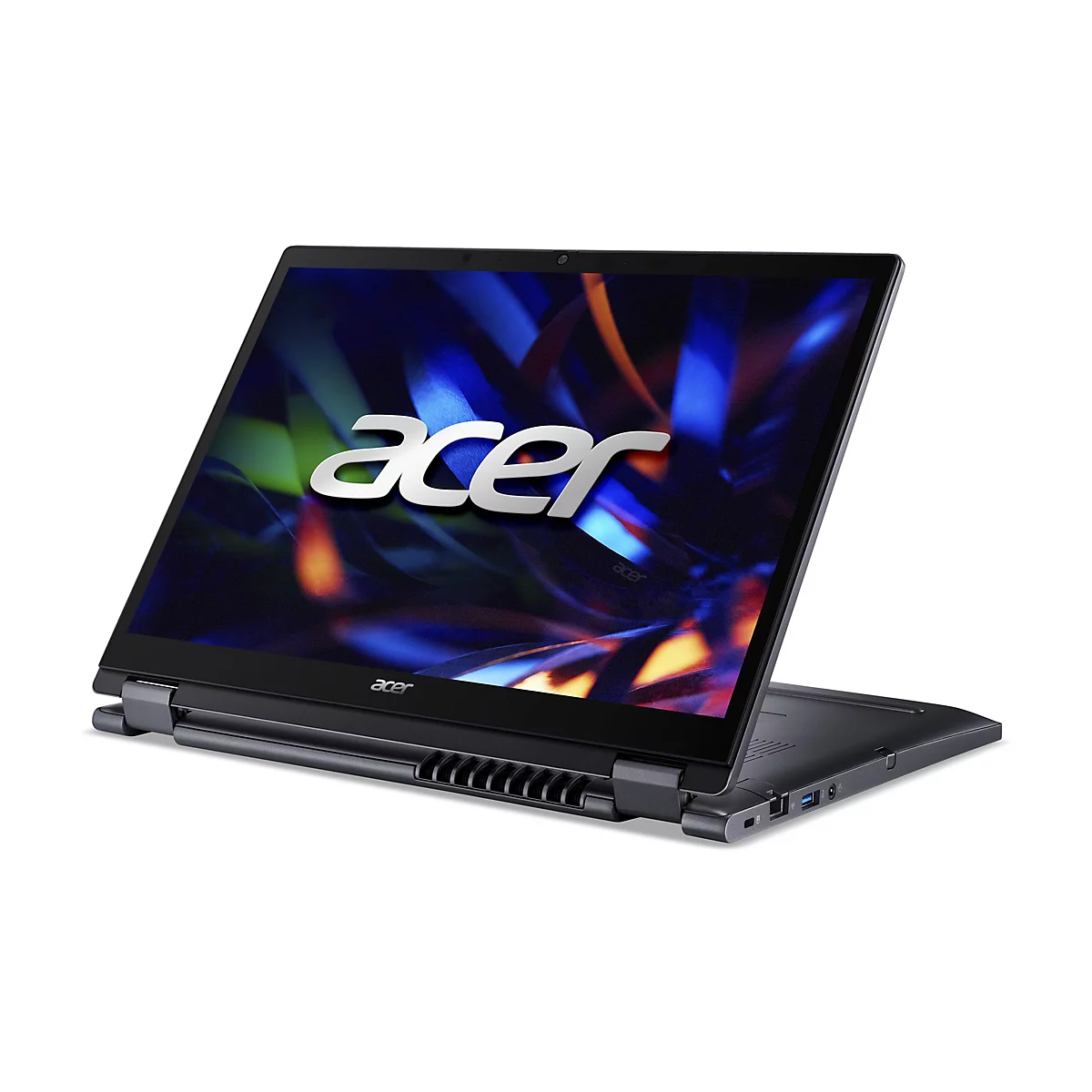 Ein schwarzes Acer-Laptop, halb geöffnet, vor weißem Hintergrund. Das Display zeigt ein farbenfrohes Muster. Der Name Acer ist auf dem Bildschirm und auf dem Gehäuse sichtbar.