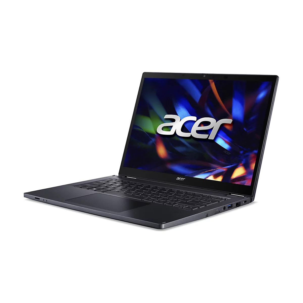 Ein grauer Acer-Laptop mit offenem Bildschirm, auf dem das Acer-Logo zu sehen ist. Auf dem Bildschirm ist ein abstraktes Design zu sehen. Der Laptop steht auf weißem Grund.