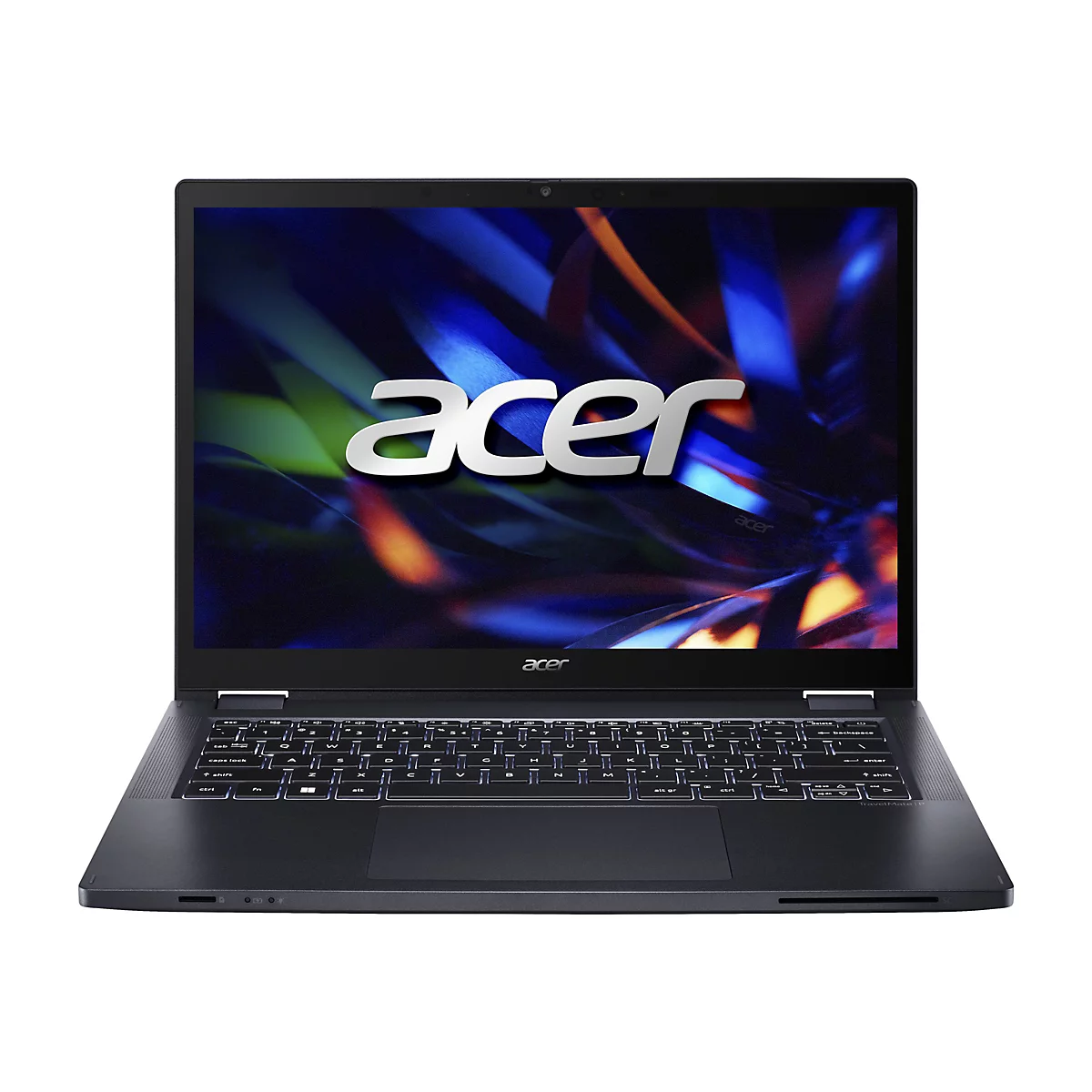Dunkelgraues Acer-Laptop vor weißem Hintergrund. Bildschirm zeigt Acer-Logo und abstraktes Design. Tastatur mit Hintergrundbeleuchtung.